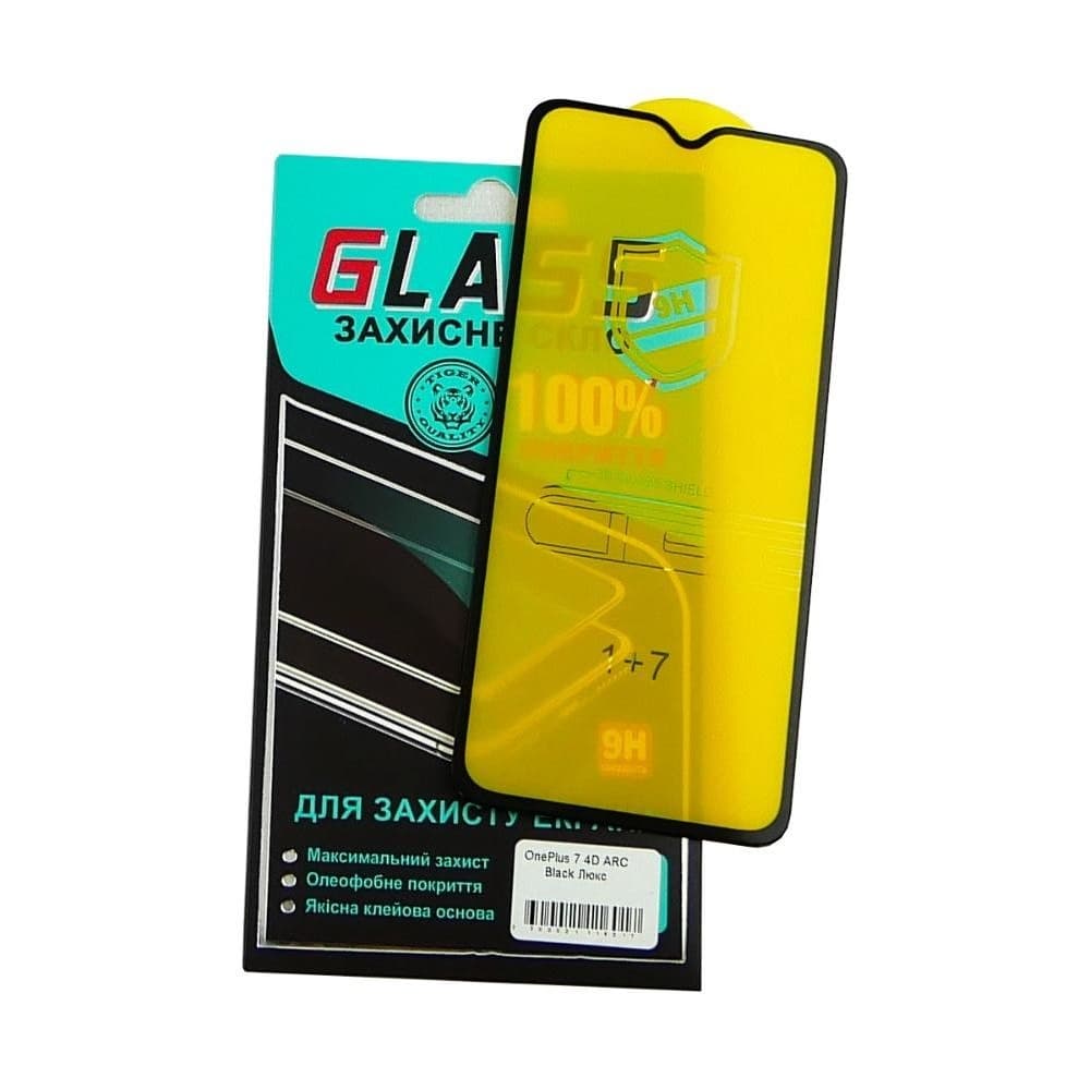 Закаленное защитное стекло OnePlus 7, черное, Люкс, 0.3 мм, 4D ARC, совместимо с чехлом