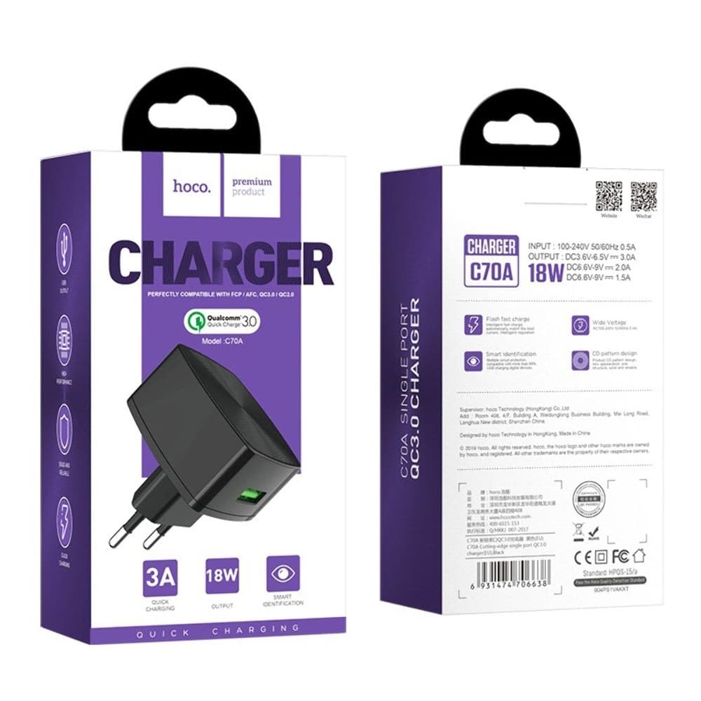    Hoco C70A, 1 USB, 3.0 , 18 , Quick Charge 3.0, 