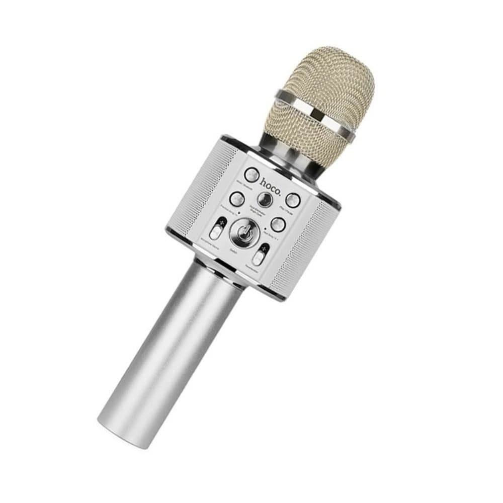Микрофон караоке Hoco BK3, беспроводный, со встроенной колонкой, серебристый