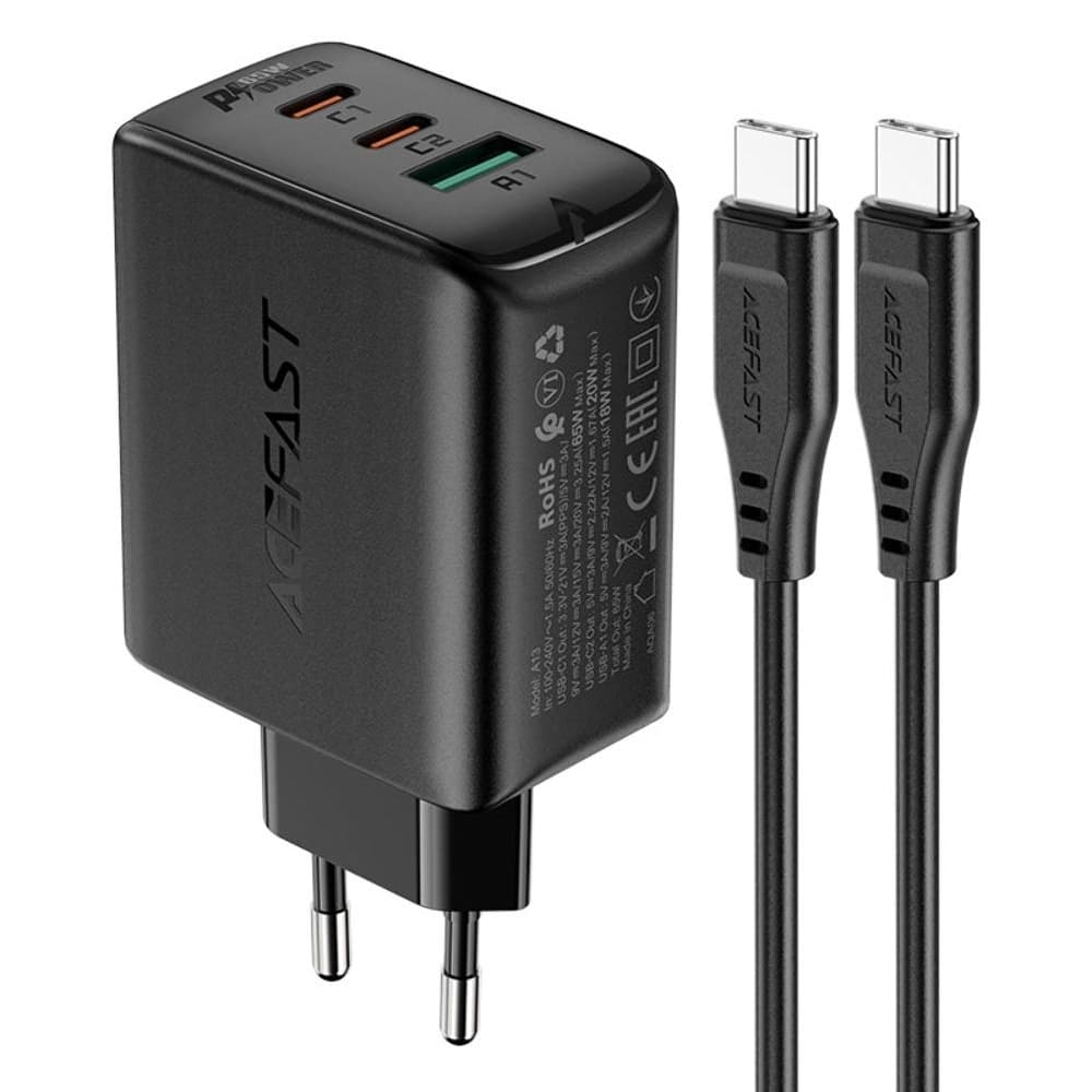    Acefast A13, 1 USB, 2 Type-C, 3.25 , Power Delivery (65 ), Quick Charge, c  Type-C  Type-C, 100 , 