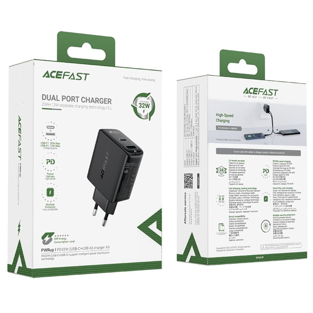    Acefast A5, 1 USB, 1 Type-C, 2.4 , Power Delivery (32 ), Quick Charge, 
