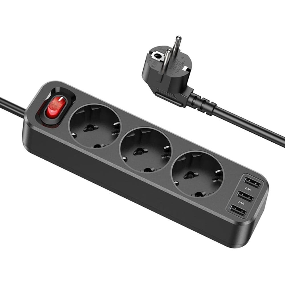 Сетевой удлинитель Hoco NS2, 3 розетки, 3 USB, 5 В, 2.4 А, 20 Вт, кабель 180 см, черный