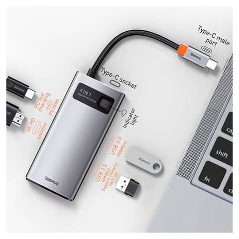 USB-хаб Baseus Metal Gleam, Type-C на USB, USB 3.0 тип-A, HDMI, с индикатором, серый, 4 порта, #CAHUB-CY0G