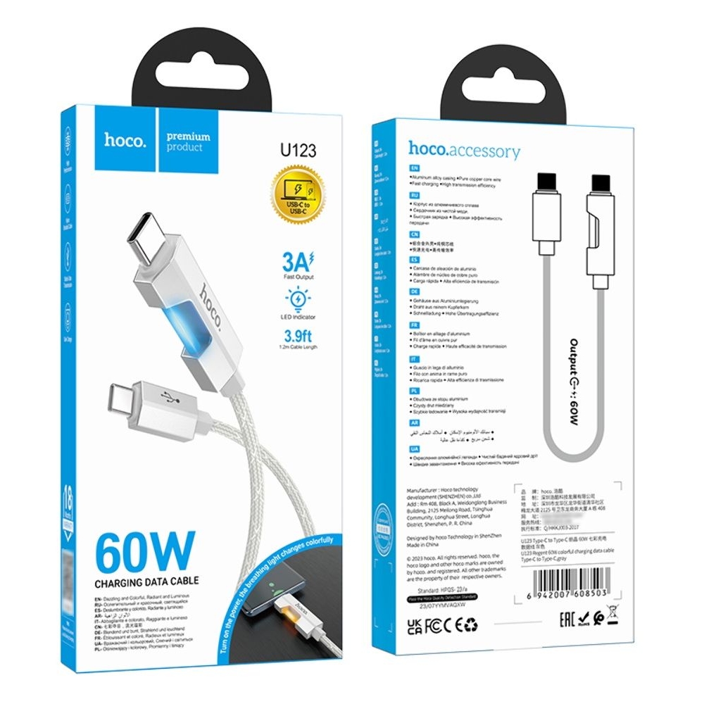 USB- Hoco U123, Type-C  Type-C, PowerDelivery (60 ), 100 , 