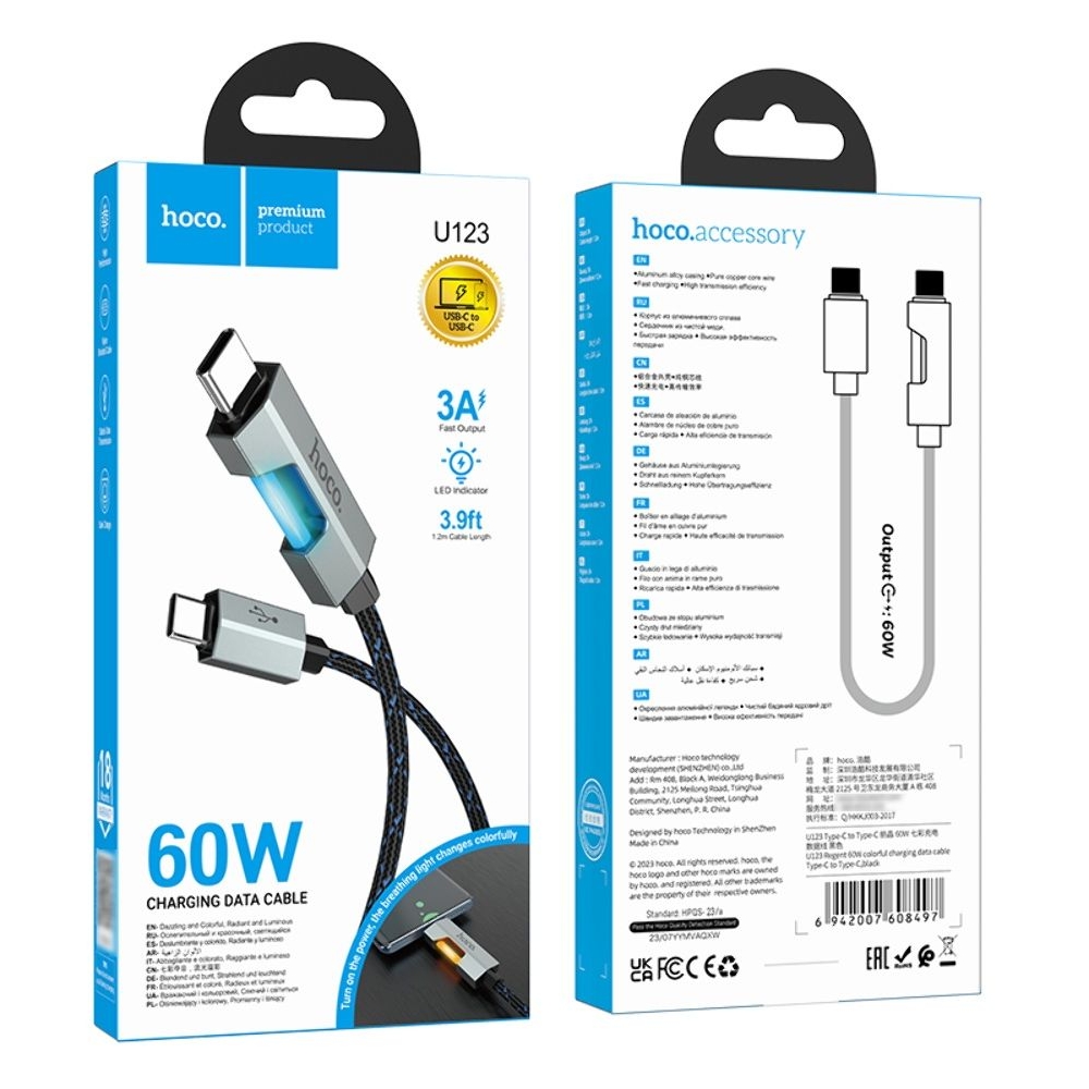 USB- Hoco U123, Type-C  Type-C, PowerDelivery (60 ), 100 , 