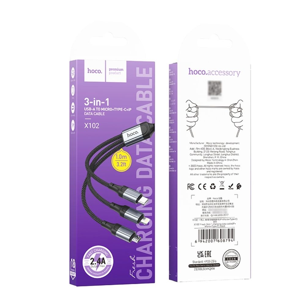 USB- Hoco X102, 3  1, Lightning, Type-C, Micro-USB, 100 , ,   ,    