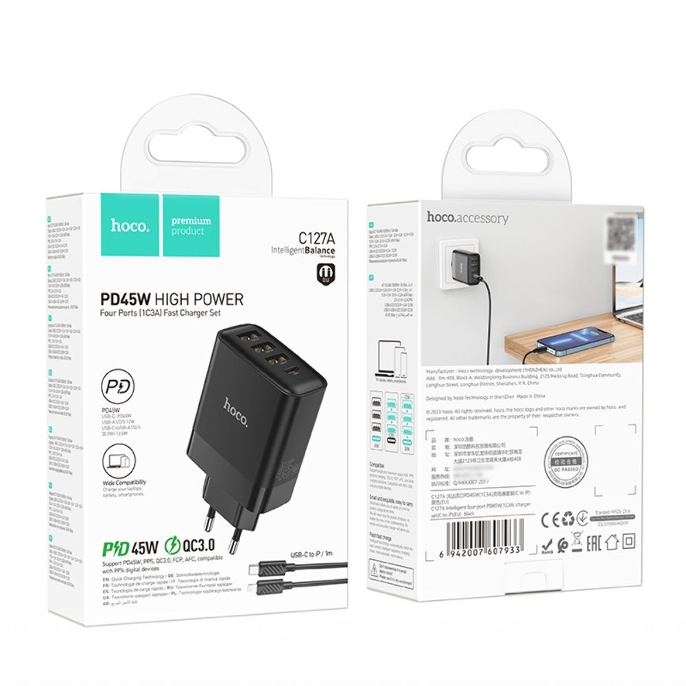    Hoco C127A, 3 USB, Type-C PD45W, ,   Type-C  Lightning