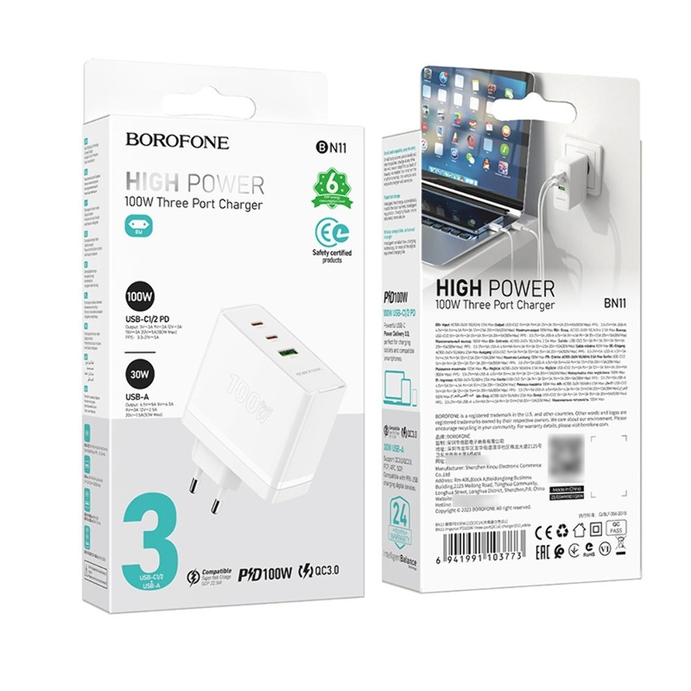    Borofone BN11, 1 USB, 2 Type-C, PowerDelyvery (100 ), ,  