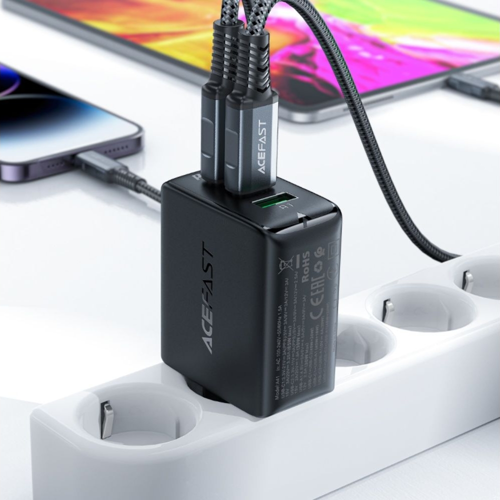    Acefast A41, 1 USB, 2 Type-C, Quick Charge, Power Delivery (65 ), GaN, 