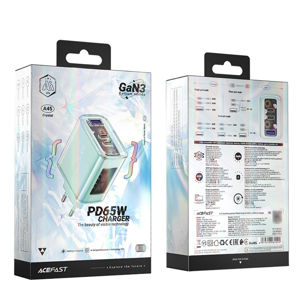    Acefast A45, 1 USB, 2 Type-C, Quick Charge, Power Delivery (65 ), GaN, 