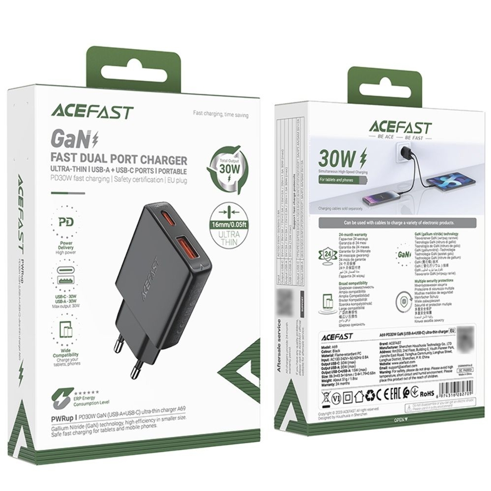    Acefast A69 USB/ Type-C, Quick Charge, Power Delivery (30 ), GaN, 