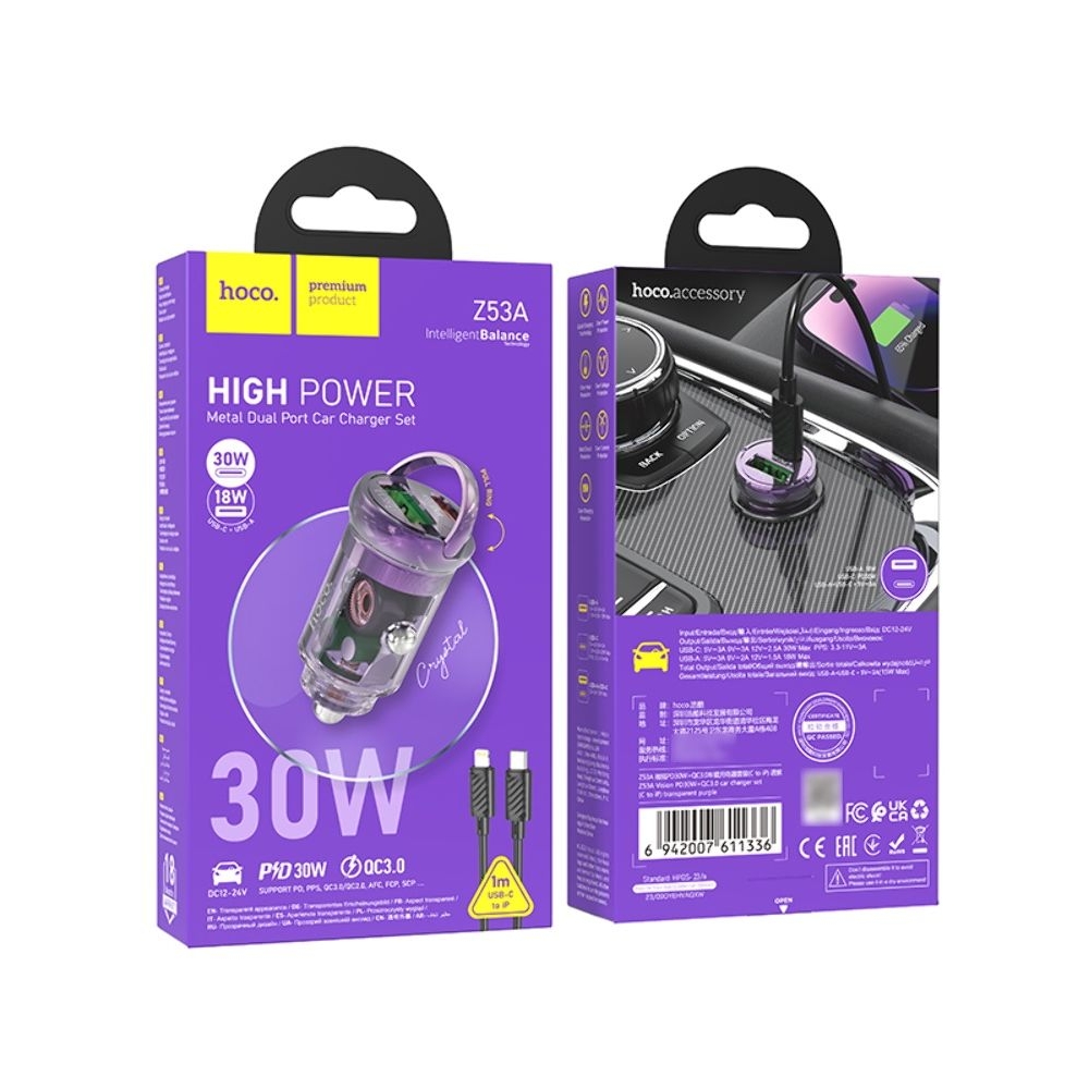    Hoco Z53A USB/ Type-C PD 30W QC transparent purple +  Type-C to Lightning