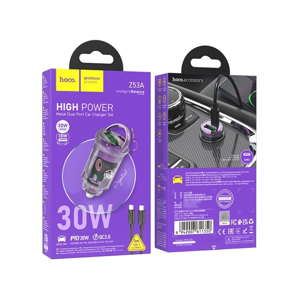    Hoco Z53A USB/ Type-C, Power Delivery (30 ), Quick Charge, transparent purple +  Type-C  Type-C | ,  