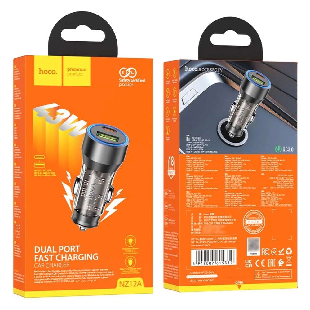    Hoco NZ12A USB/ Type-C PD 43W transparent,  | ,  