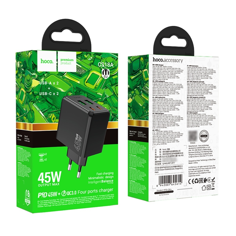    Hoco CS18A 2 USB/ 2 Type-C PD 45W black