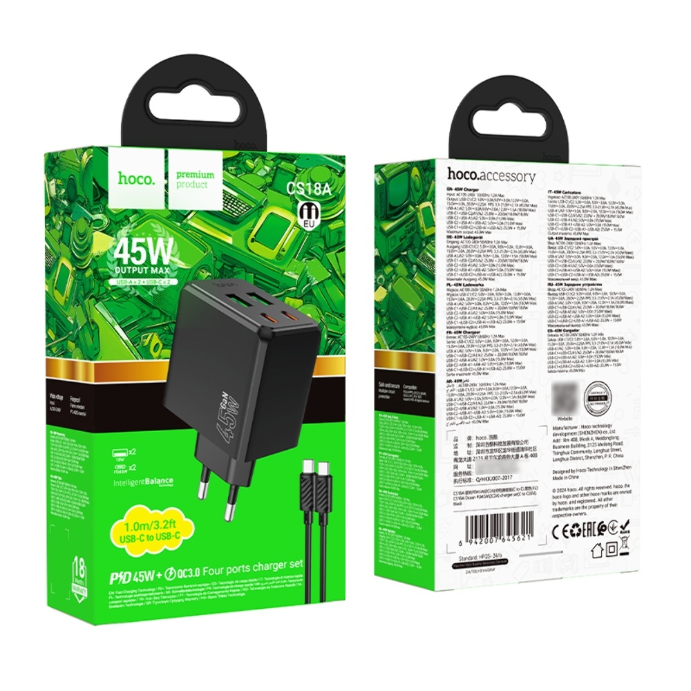    Hoco CS18A 2 USB/ 2 Type-C PD 45W black +  Type-C to Type-C