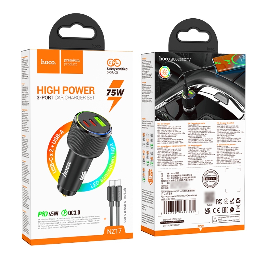    Hoco NZ17 USB/ 2 Type-C PD 75W black +  Type-C to Type-C