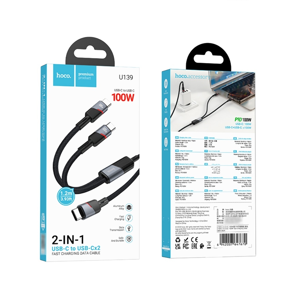  Hoco U139 21 Type-C to Type-C/ Type-C PD 100W 1.2m black