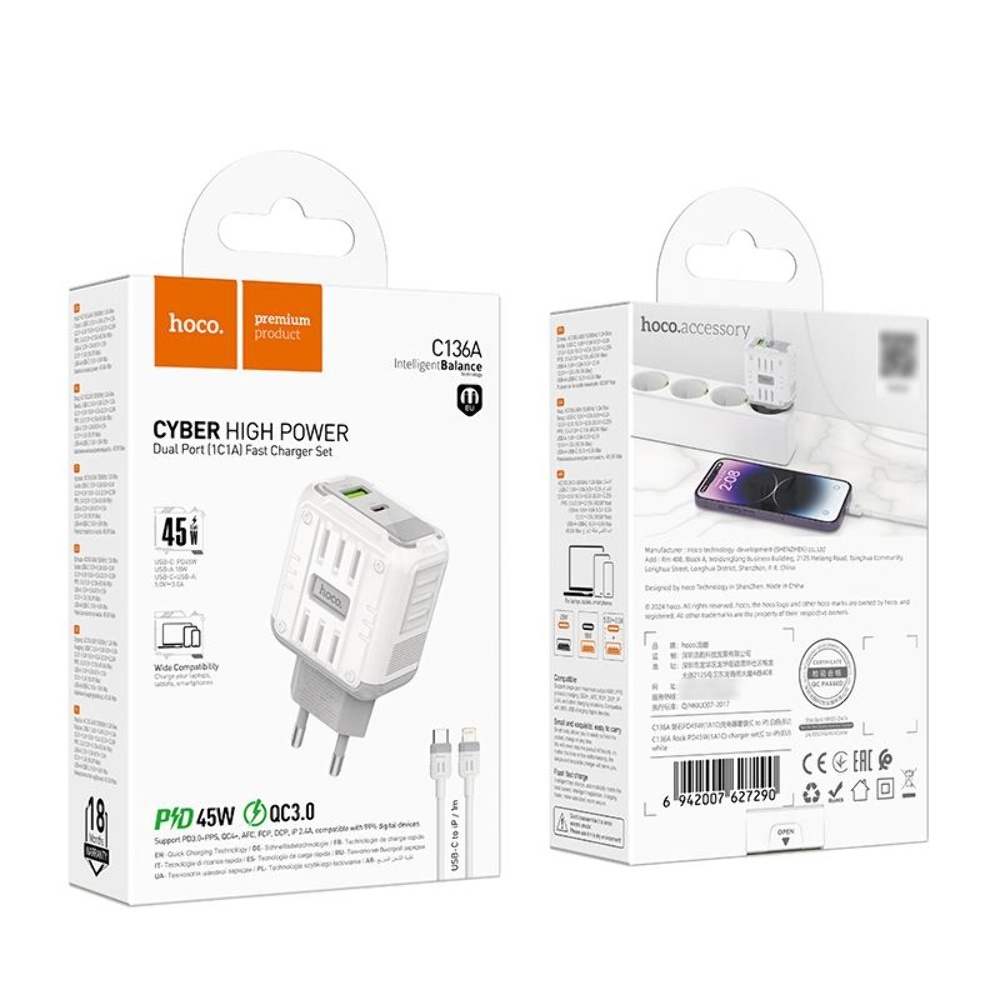    Hoco C136A USB/ Type-C PD 45W white +  Type-C to Lightning