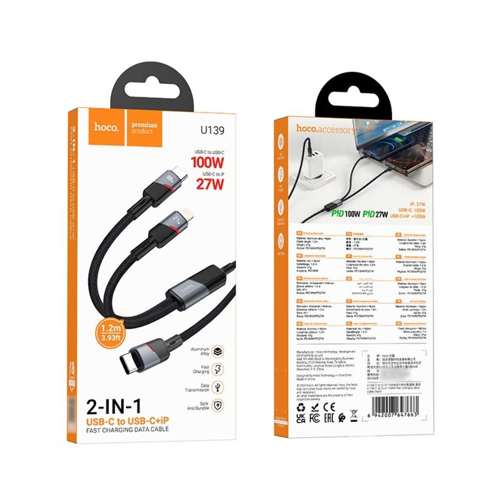  Hoco U139 21 Type-C to Type-C/ Lightning 100W 1.2m black