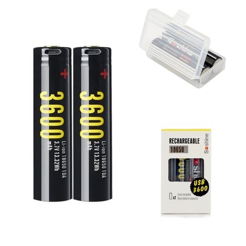  18650 Soshine, 3600 mAh, 3,7 , Li-ion, 2 .,  ,  , c ,   micro USB Type-B | , , 